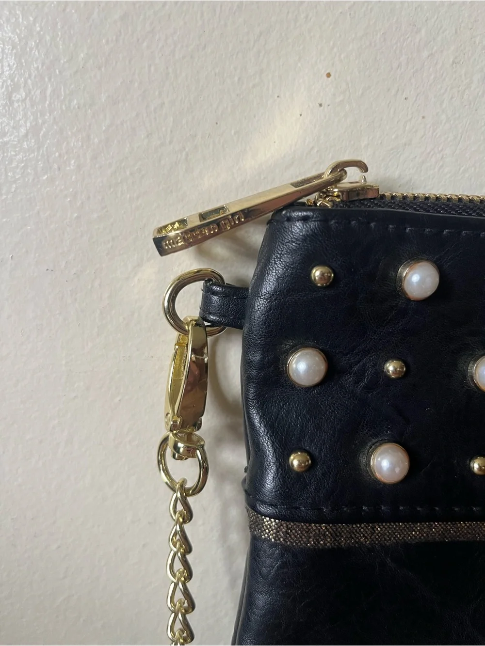 Madden Girl Black Faux-Leather Crossbody with Pearl Studs and Gold Chain